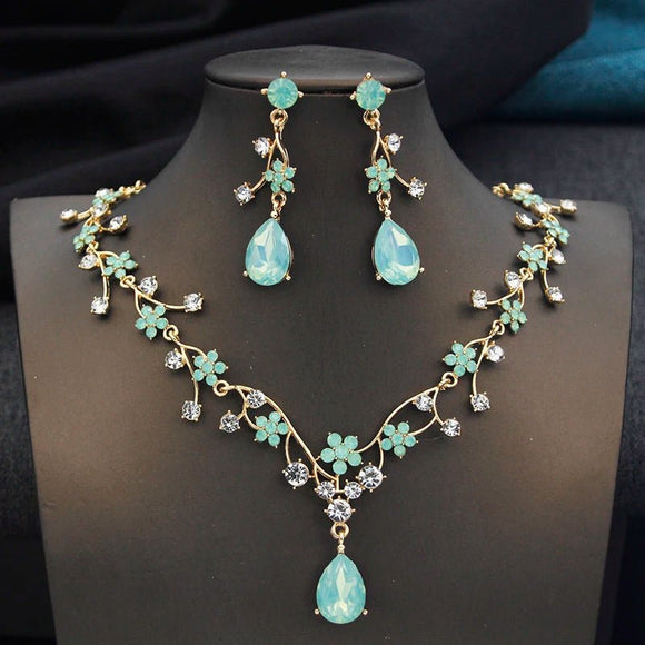 Aquarium Water Drop Bridal Jewelry Set for Women Necklace Earring Wedding - Gemstone Gold