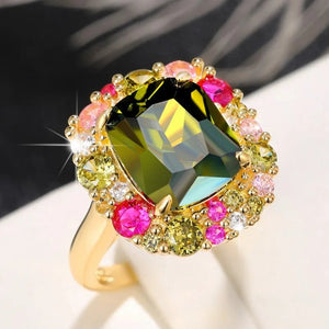 Big Green Zircon Ring for Women Wedding Engagement Party Jewelry - Genuine - Gemstone