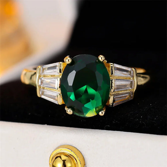 Big Oval Green Emerald Ring For Women Vintage Gold Engagement Band Bridal Jewelry - Gemstone Gold
