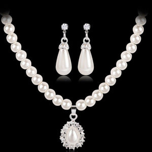 Big Pearl Bridal Jewelry Set Silver Teardrop Earrings Necklace For Women - Genuine - Gemstone