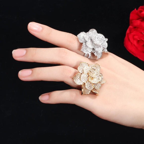Big Statement Leaf Cluster Ring for Women Wedding Yellow Gold Jewelry - Gemstone Gold