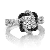 Black Flower Zircon Halo Ring Engagement Jewelry for Women Gift - Genuine - Gemstone