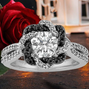 Black Flower Zircon Halo Ring Engagement Jewelry for Women Gift - Genuine - Gemstone