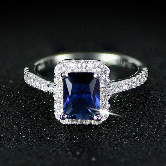 Blue Sapphire Engagement Ring Silver Women promise Jewelry - Genuine - Gemstone