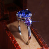 Blue Triple Zircon Ring WaterDrop Women Wedding Jewelry - Genuine - Gemstone