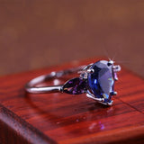 Blue Triple Zircon Ring WaterDrop Women Wedding Jewelry - Genuine - Gemstone