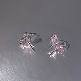 Bow Pink Zircon Stud Earrings Silver For Woman Piercing Wedding Luxury Jewelry - Gemstone Gold