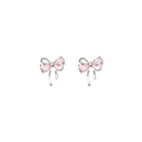 Bow Pink Zircon Stud Earrings Silver For Woman Piercing Wedding Luxury Jewelry - Gemstone Gold