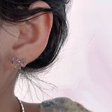 Bow Pink Zircon Stud Earrings Silver For Woman Piercing Wedding Luxury Jewelry - Gemstone Gold