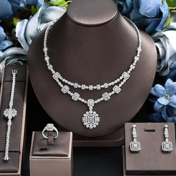 Bridal Full Zircon Flower Jewelry Set Pendant for Women Wedding - Genuine - Gemstone