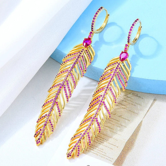 Charm Feather Earrings For Women Wedding Gold Zircon Jewelry - Gemstone Gold