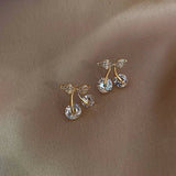 Cherry Delicate Stud Earrings For Women Cute Zircon Rhinestone Bow Bowknot Jewelry - Gemstone Gold