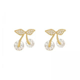 Cherry Delicate Stud Earrings For Women Cute Zircon Rhinestone Bow Bowknot Jewelry - Gemstone Gold