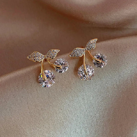Cherry Delicate Stud Earrings For Women Cute Zircon Rhinestone Bow Bowknot Jewelry - Gemstone Gold