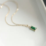 Classic Green Square Pendant Necklace Silver Chain Women Jewelry - Genuine - Gemstone