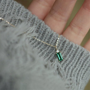 Classic Green Square Pendant Necklace Silver Chain Women Jewelry - Genuine - Gemstone