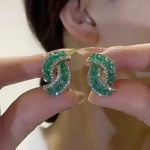 Curved Green Sparkling Earrings Women Wedding Party Jewelry - Gemstone Gold