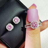 Cushion Pink Zircon Jewelry Set Ring Earrings Engagement For Women - Genuine - Gemstone