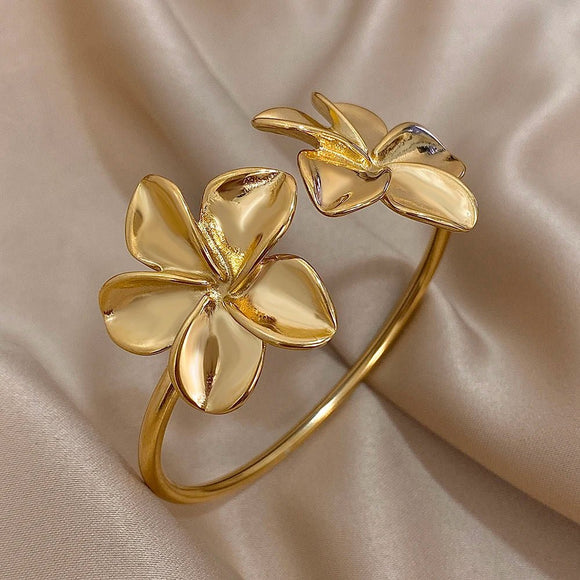 Double Flower Cuff Bracelet Bangle for Women Gold Floral Party Jewelry - Gemstone Gold