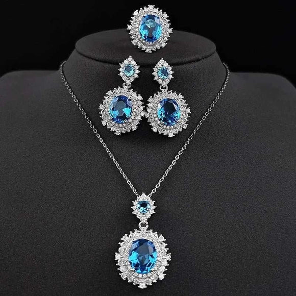 Elegant Aquamarine Bride Jewelry Set Necklace Earrings Ring For Women - Gemstone Gold