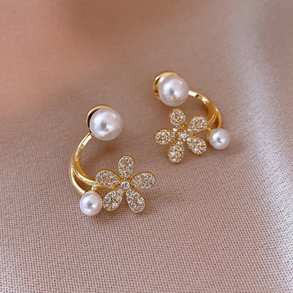 Elegant Inlaid Pearl Flower Earrings Zircon Gift For Women Jewelry - Genuine - Gemstone