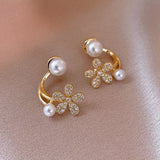 Elegant Inlaid Pearl Flower Earrings Zircon Gift For Women Jewelry - Genuine - Gemstone