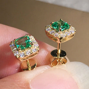 Eternity Green Emerald Stud Earrings for Women Gold Wedding Jewelry - Genuine - Gemstone