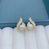 Flame Pearl Stud Earrings Women's Gold Ear Wedding Jewelry - Gemstone Gold