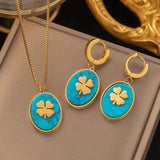 Four - leaf Clover Earrings Necklace Set For Women Drop Pendant Jewelry - Genuine - Gemstone