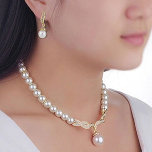 Gold Bridal Pearl Jewelry Set Necklace Earrings Wedding jewellery for women - Genuine - Gemstone