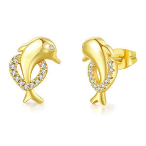 Gold Dolphin Stud Earrings for Women Accessories Fashion Jewelry - Genuine - Gemstone