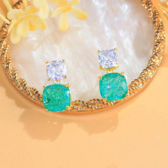 Green Broken Ice Tourmaline Drop Earrings for Women Party Jewelry - Gemstone Gold