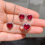 Heart Ruby Gemstone Jewelry Set Women Pendant Necklace Earrings Ring - Genuine - Gemstone