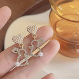 Hollow Animal Rabbit Drop Earrings for Women Pearl Heart Party Jewelry - Gemstone Gold