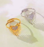 Inlaid Heart Zircon Ring Shiny 18k Gold Adjustable For Women Jewelry - Gemstone Gold