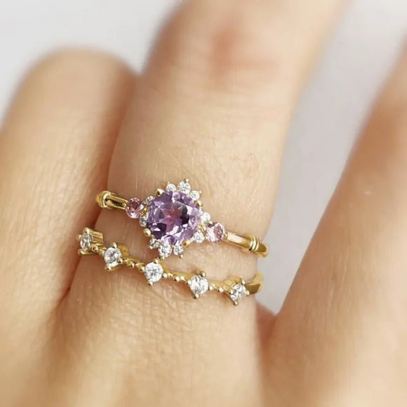 Inlaid Purple Flower Gold Ring for Women Gemstones Ring Set Jewelry - Gemstone Gold