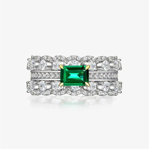 Inlaid Rectangle Green Zircon Ring for Women Wedding Jewelry - Genuine - Gemstone