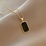 Long Rectangular Black Zircon Pendant Necklace Women Gold Jewelry Gift - Genuine - Gemstone