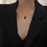 Long Rectangular Black Zircon Pendant Necklace Women Gold Jewelry Gift - Genuine - Gemstone