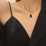 Long Rectangular Black Zircon Pendant Necklace Women Gold Jewelry Gift - Genuine - Gemstone