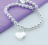 Lover Bead Bracelet 925 Sterling Silver Women Heart Lock Jewelry - Genuine - Gemstone