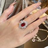 Luxurious Floral Red Ruby Ring Women Wedding Engagement Jewelry - Genuine - Gemstone