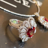 Luxurious Floral Red Ruby Ring Women Wedding Engagement Jewelry - Genuine - Gemstone