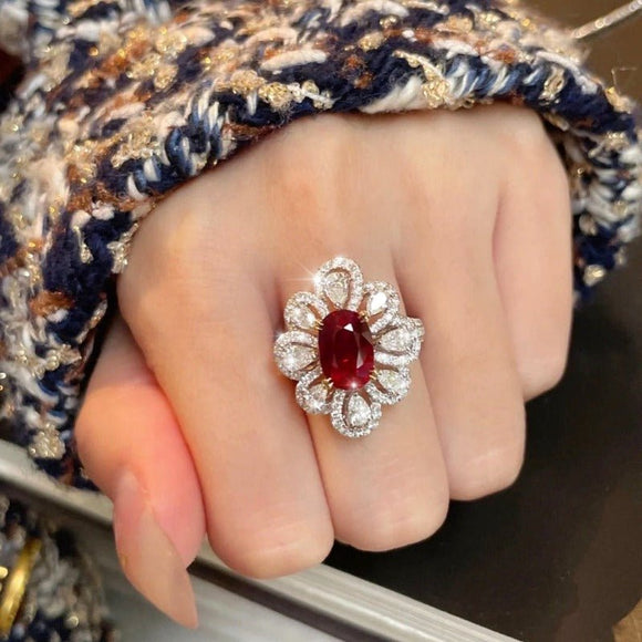 Luxurious Floral Red Ruby Ring Women Wedding Engagement Jewelry - Genuine - Gemstone