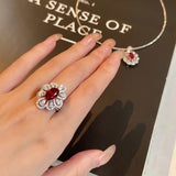 Luxurious Floral Red Ruby Ring Women Wedding Engagement Jewelry - Genuine - Gemstone