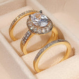 Luxury 3Pcs 14K Gold Ring Set for Women Zircon Wedding Jewelry - Genuine - Gemstone