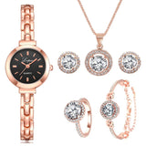 Luxury 6PCS Wristwatche Set Women Rose Gold Quartz Watch Jewelry - Genuine - Gemstone