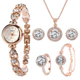 Luxury 6PCS Wristwatche Set Women Rose Gold Quartz Watch Jewelry - Genuine - Gemstone