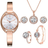 Luxury 6PCS Wristwatche Set Women Rose Gold Quartz Watch Jewelry - Genuine - Gemstone