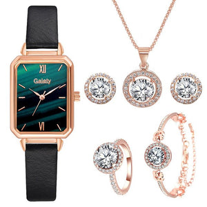 Luxury 6PCS Wristwatche Set Women Rose Gold Quartz Watch Jewelry - Genuine - Gemstone